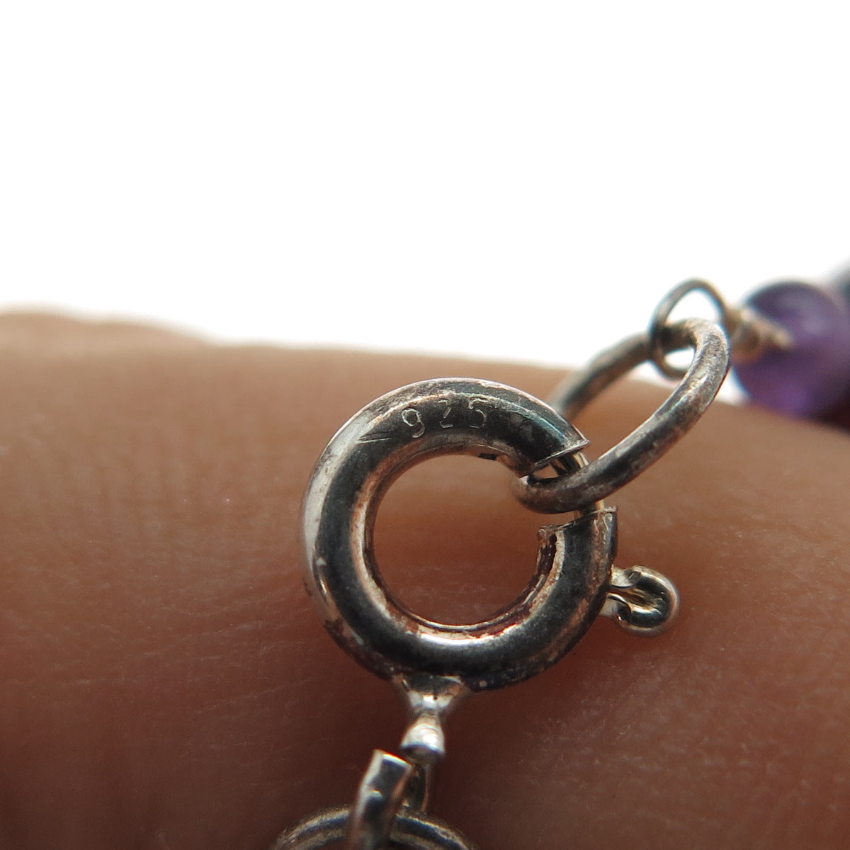 925 Sterling Silver Vintage Real Red Garnet & Amethyst Beaded Chain Necklace 16"