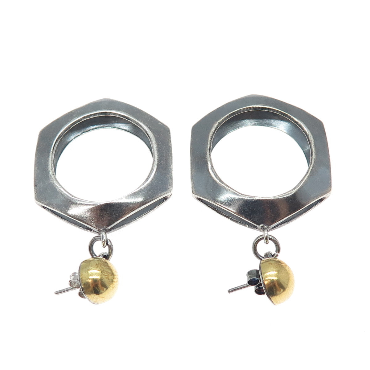 925 Sterling Silver 2-Tone Vintage Modernist Geometric Oxidized Dangle Earrings