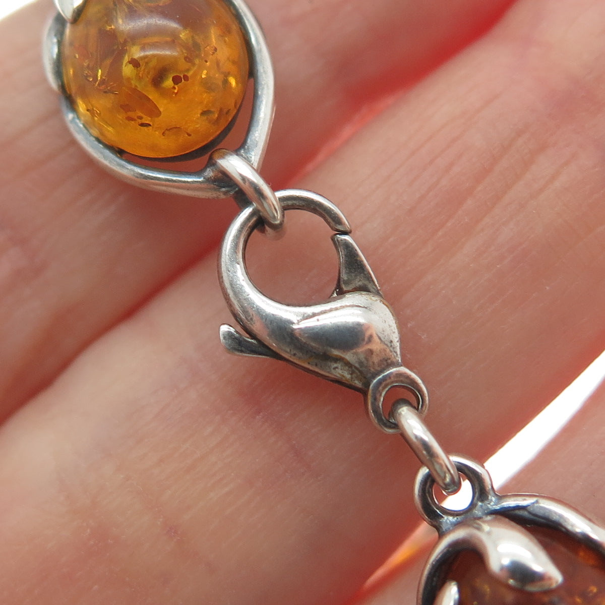 VALERIO V-8 Sterling Silver Vintage Poland Amber Modernist Floral Bracelet 6.75"