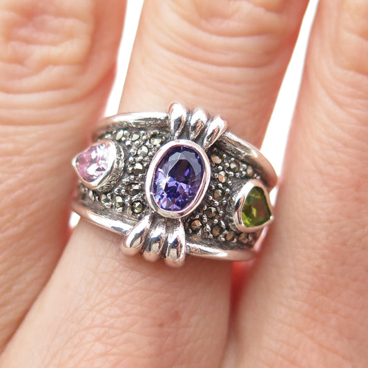 925 Sterling Vintage Real Pink & Purple Amethyst Peridot Marcasite Ring Size 6.5