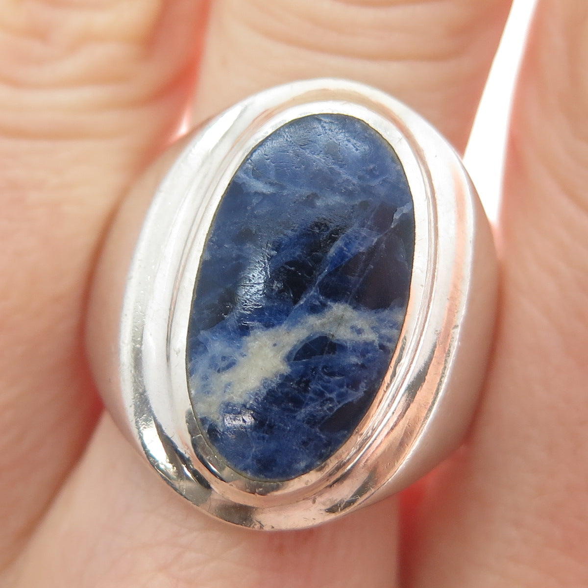 925 Sterling Silver Vintage Mexico Real Sodalite Modernist Ring Size 11.25
