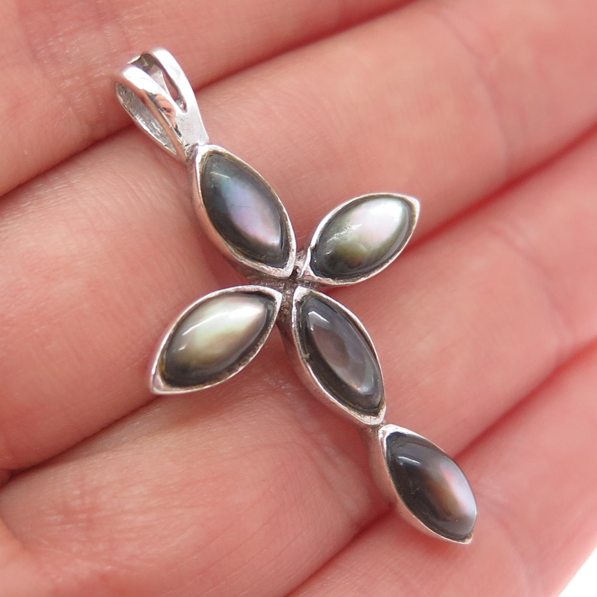 CHAPAL ZENRAY 925 Sterling Silver Vintage Real Abalone Shell Cross Pendant