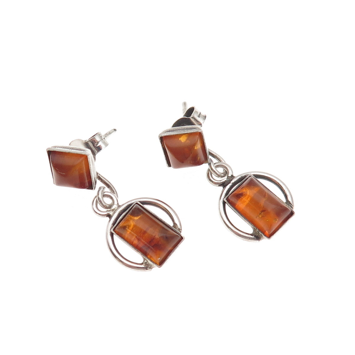 925 Sterling Silver Vintage Real Amber Modernist Oxidized Dangle Earrings