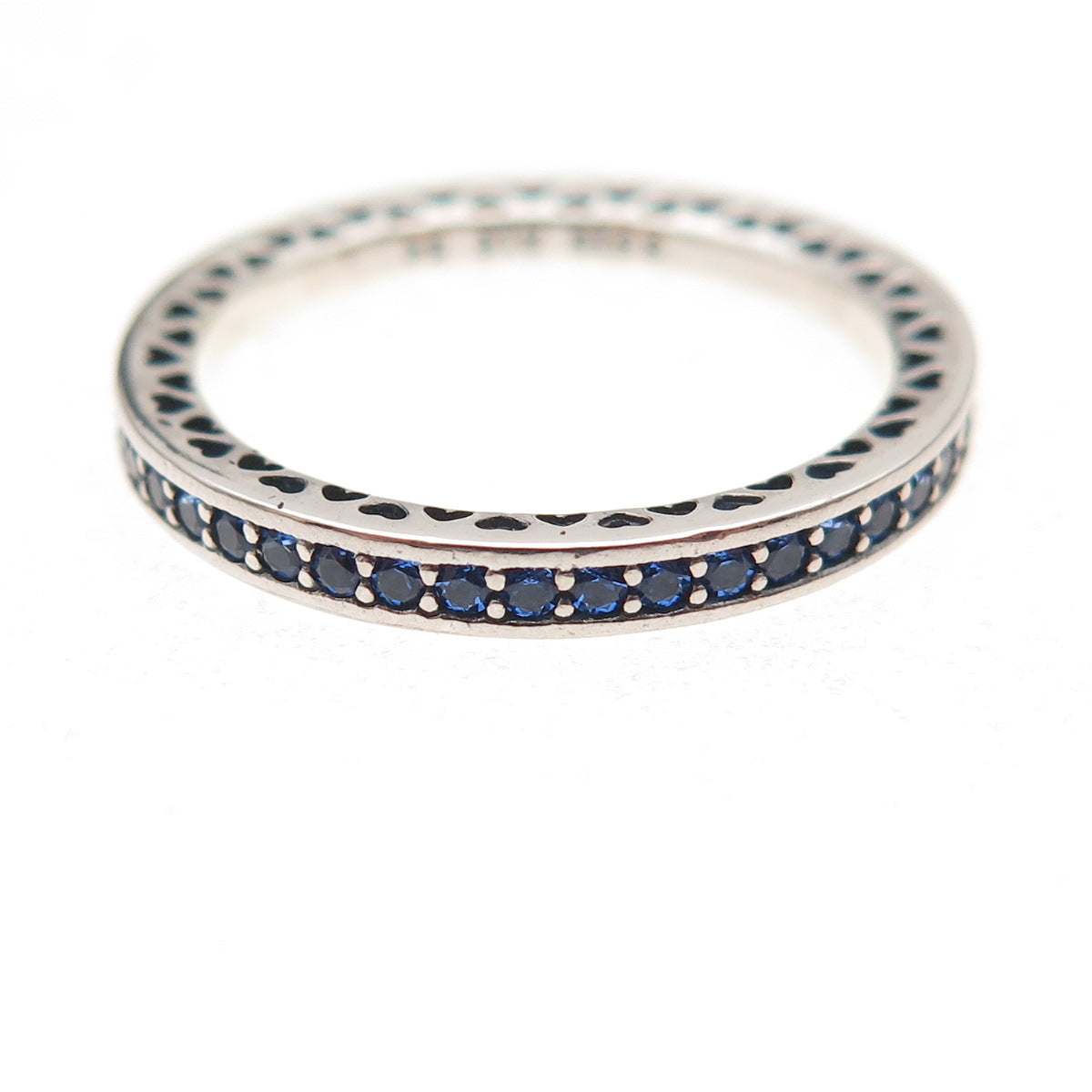 Pandora 925 Sterling Silver Enamel & Blue C Z Radiant Hearts Band Ring Size 7