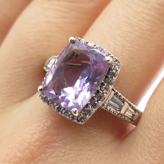 D'JOY 925 Sterling Silver Real White Topaz & Amethyst Gemstone Ring Size 8.25