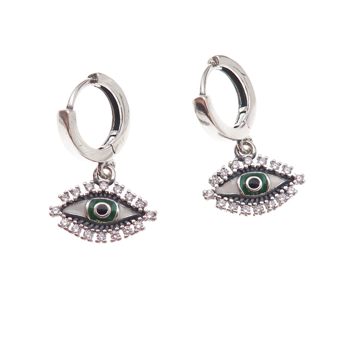 925 Sterling Silver Enamel & C Z Evil Eye Dangle Charm Hoop Earrings