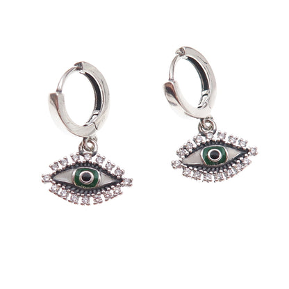 925 Sterling Silver Enamel & C Z Evil Eye Dangle Charm Hoop Earrings