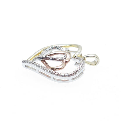 925 Sterling Silver 3-Tone Real Diamond Accent Interlocked Heart Mini Pendant