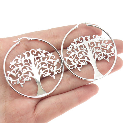 925 Sterling Silver Tree Of Life Hoop Earrings