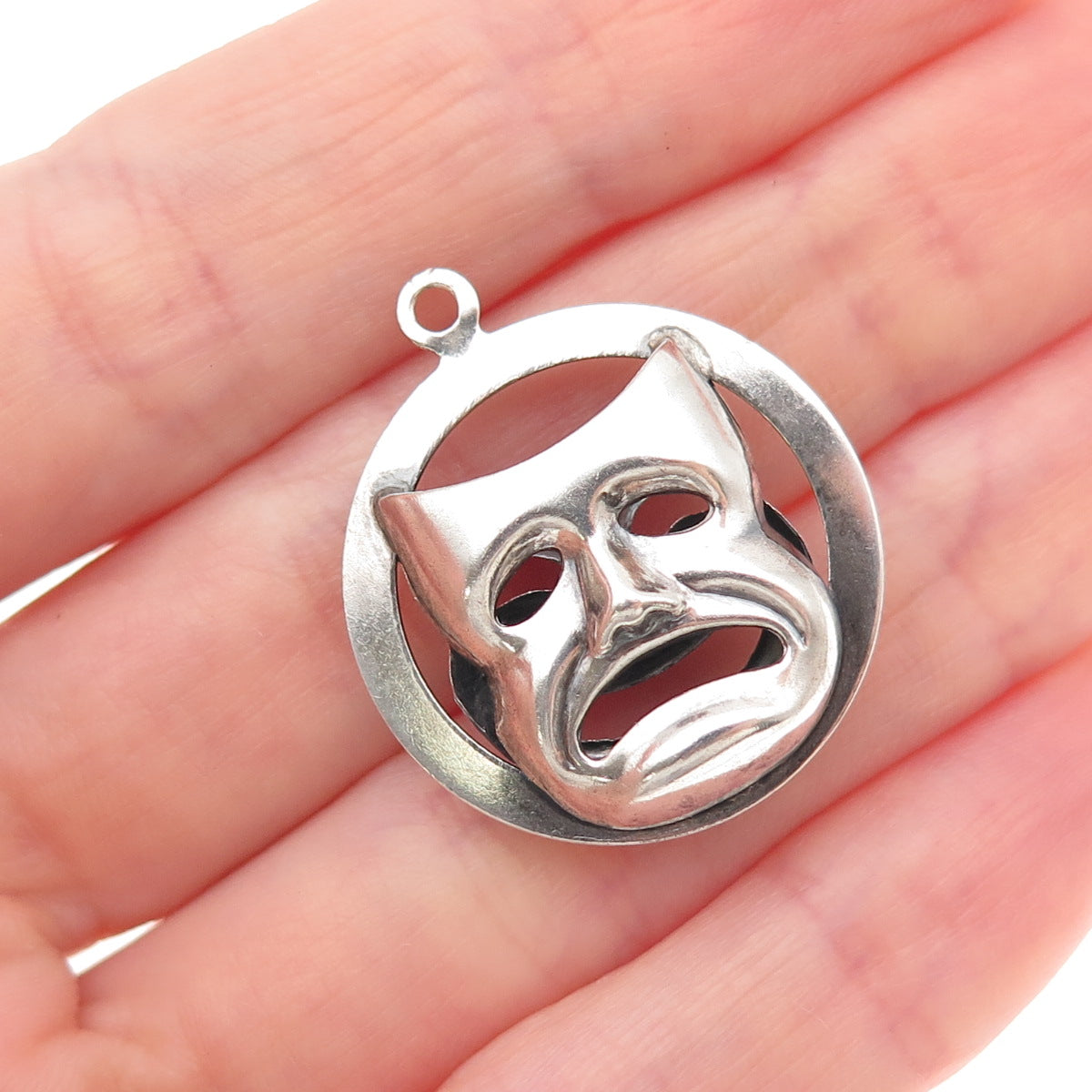 Beau 925 Sterling Antique Art Deco Comedy Tragedy Mask Dual Sided Charm Pendant