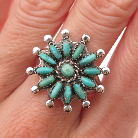 925 Sterling Silver Vintage Real Turquoise Floral Oxidized Ring Size 8.75