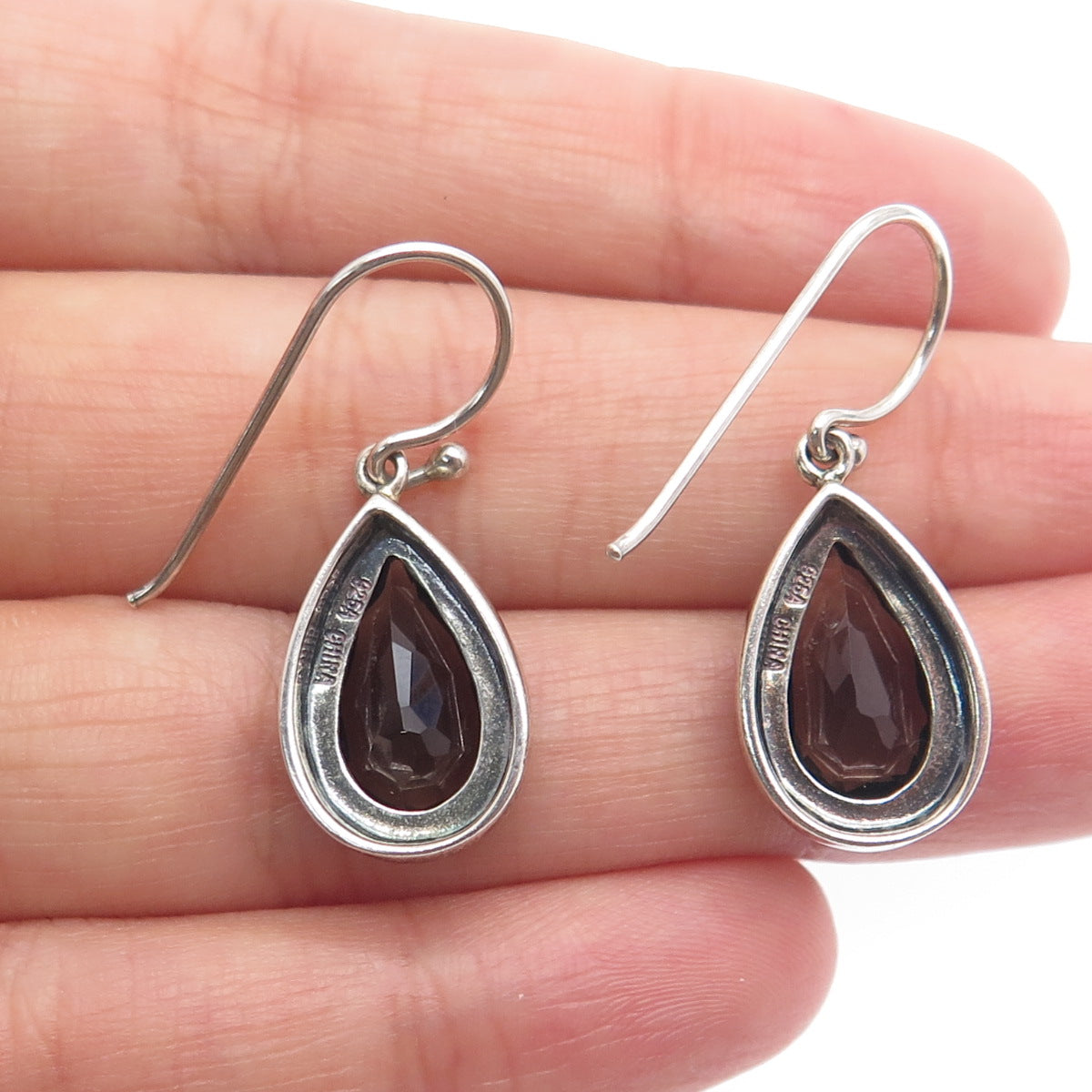 925 Sterling Silver Vintage Real Pear-Cut Smoky Quartz Dangle Earrings