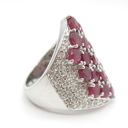 925 Sterling Silver Real White Topaz & Ruby Gemstone Statement Ring Size 7