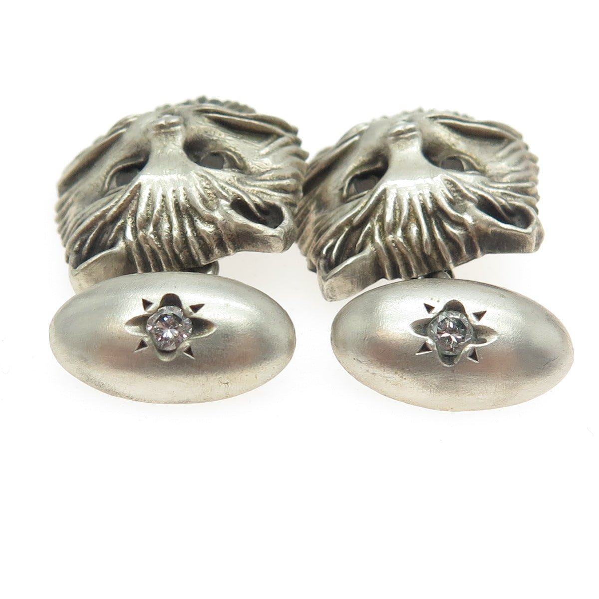 925 Sterling Silver Vintage Real Round-Cut Diamond Persian Cat Cufflinks