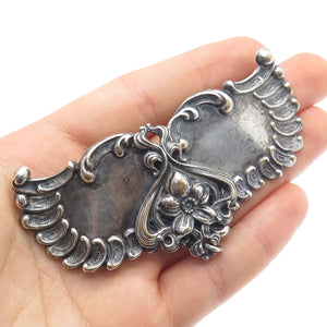 Silver-Tone Antique Art Deco Repousse Flower & Wings Oxidized Belt Buckle