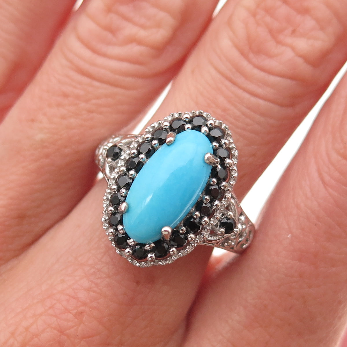 Chuck Clemency 925 Sterling Silver Real Turquoise & Black Spinel Ring Size 8