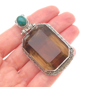 925 Sterling Silver Vintage Real Smoky Quartz & Azurite Spiral Large Pendant