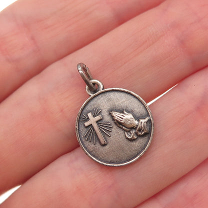 Beau 925 Sterling Silver Vintage Cross Praying Hands Oxidized Charm Pendant