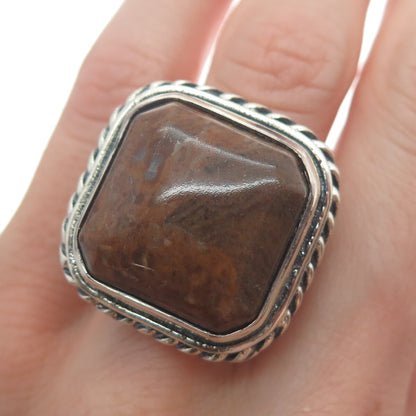 925 Sterling Silver Vintage Real Jasper Twisted Bezel Oxidized Ring Size 7.75