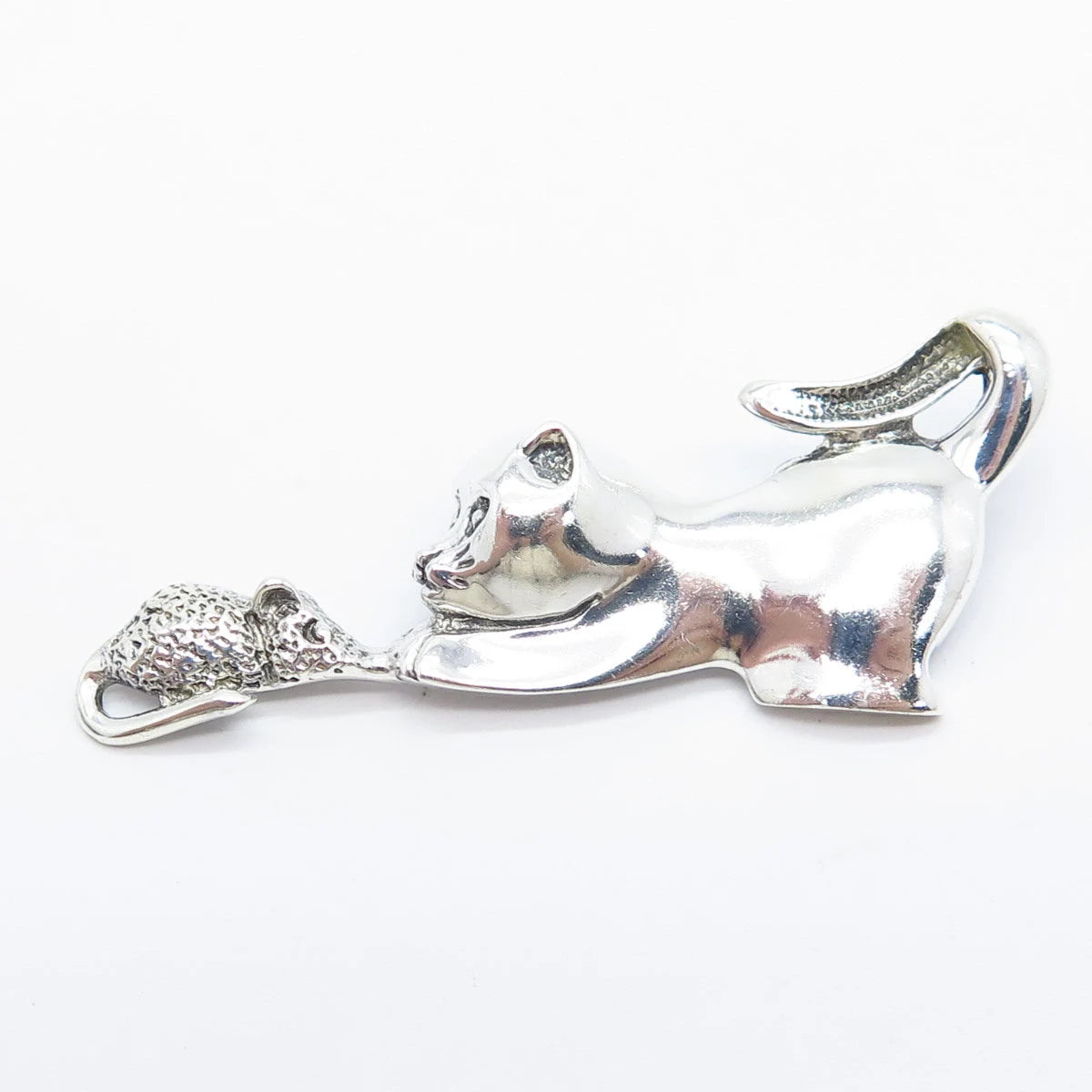925 Sterling Silver Vintage Cat & Mouse Pin Brooch
