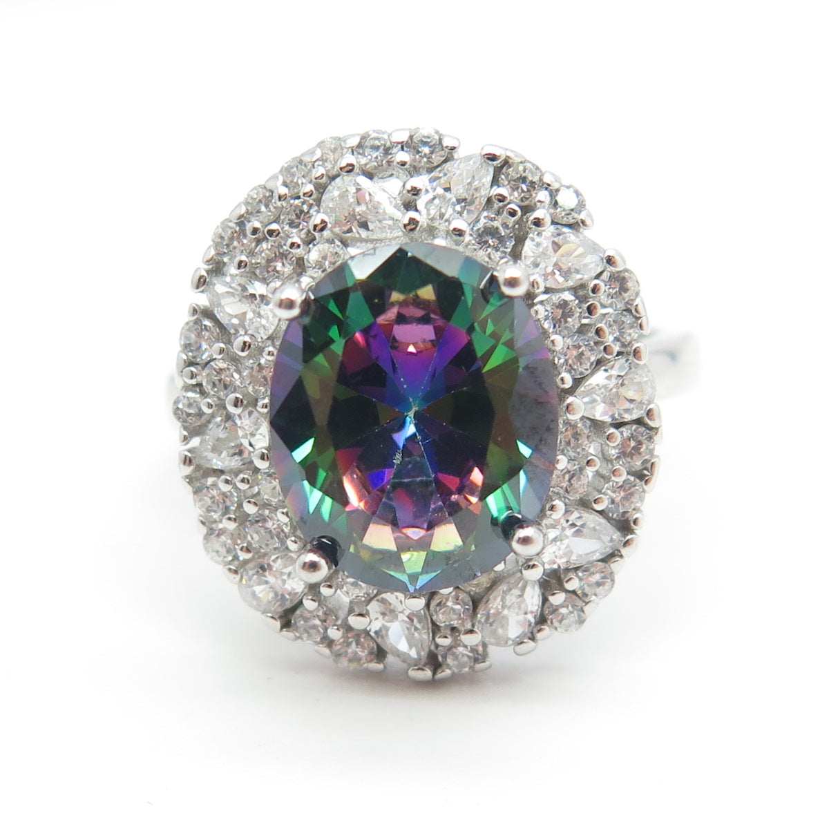 925 Sterling Silver Oval-Cut Mystic Crystal & Multi C Z Bohemian Ring Size 7