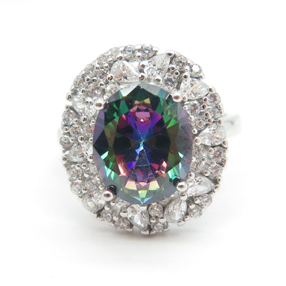 925 Sterling Silver Oval-Cut Mystic Crystal & Multi C Z Bohemian Ring Size 7