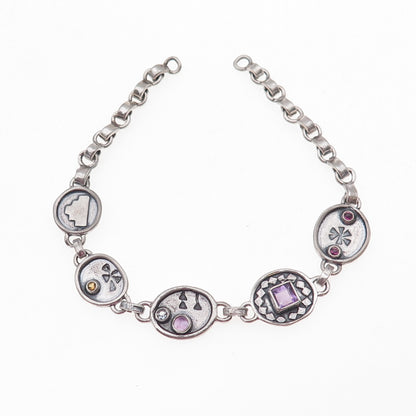 925 Sterling Silver Vintage Real Amethyst & Citrine Bracelet 7" (missing lock)