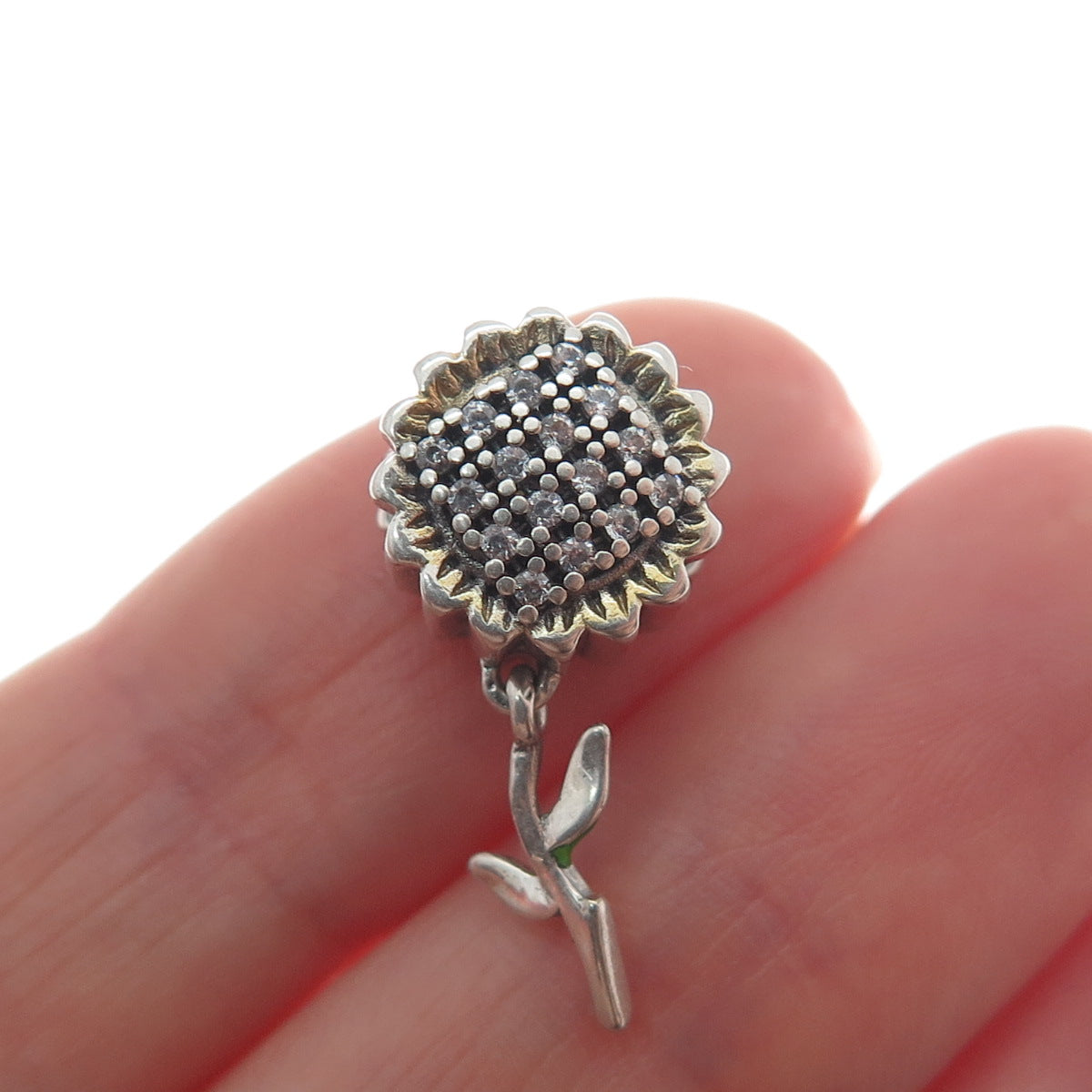925 Sterling Silver 2-Tone Enamel & C Z Sunflower Dangle Bead Charm