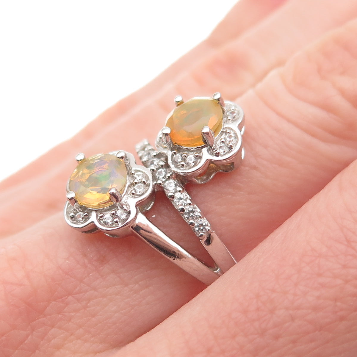 925 Sterling Silver VJL Real Opal & White Topaz Floral Bypass Ring Size 6