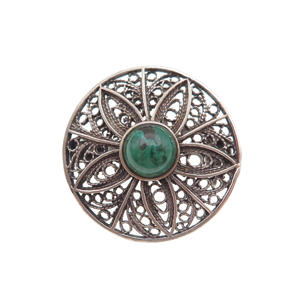 925 Sterling Silver Vintage Real Turquoise Floral Filigree Oxidized Pin Brooch