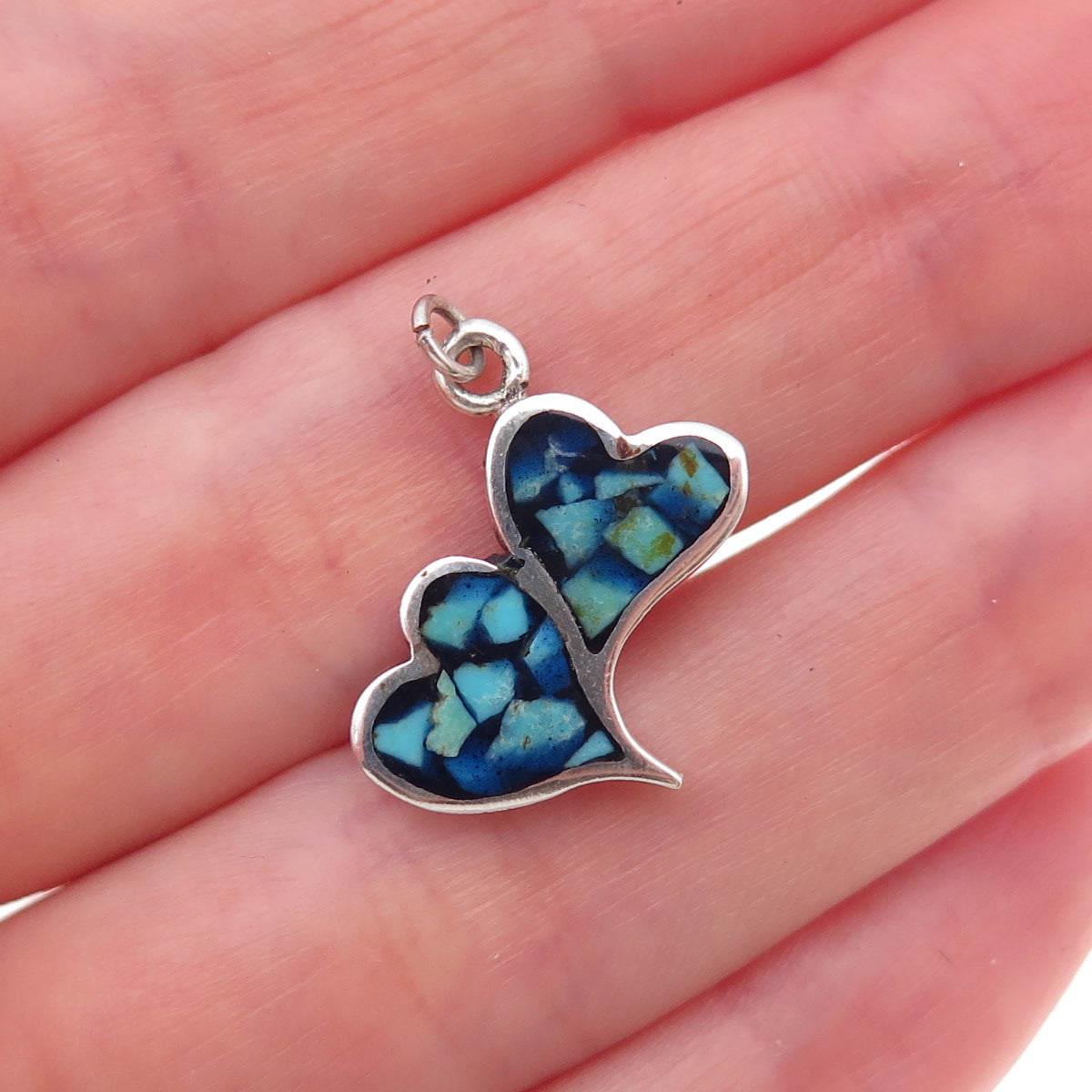 Old Pawn 925 Sterling Silver Vintage Turquoise Inlay Couple Heart Charm Pendant