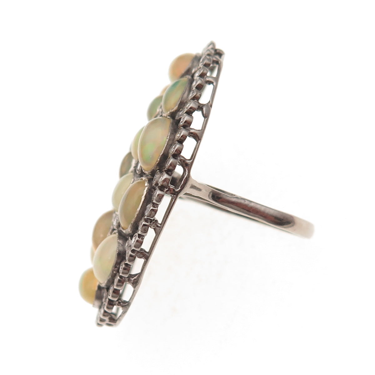 925 Sterling Silver Black Rhodium Real Opal & White Topaz Cluster Ring Size 6.75