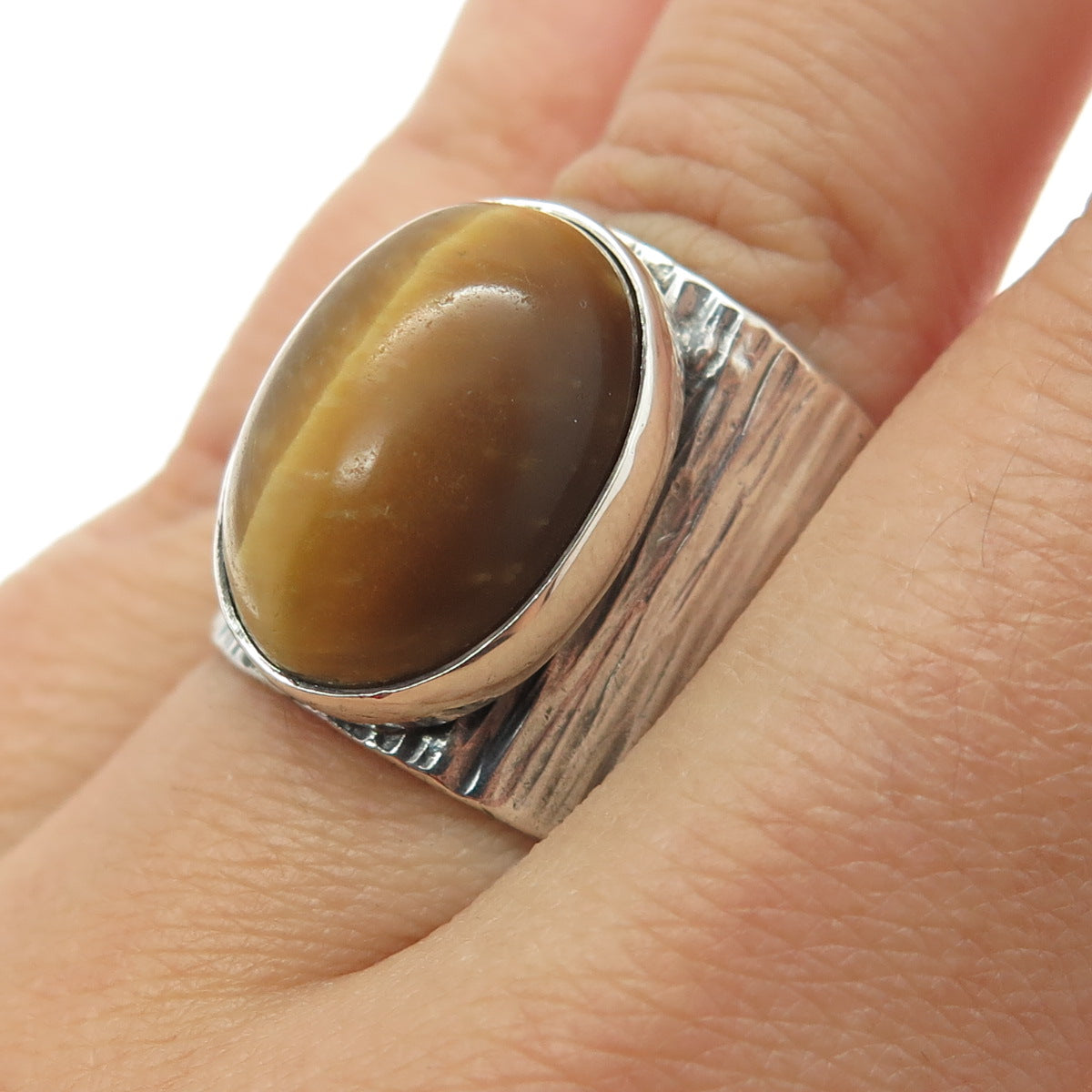 925 Sterling Silver Vintage 1966 SW London Tiger Eye Adjustable Ring Size 7.5