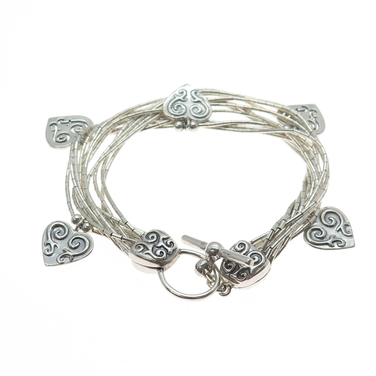 SHUBE 925 Sterling Silver Vintage Heart Multi-Strand Liquid Chain Bracelet 6.75"