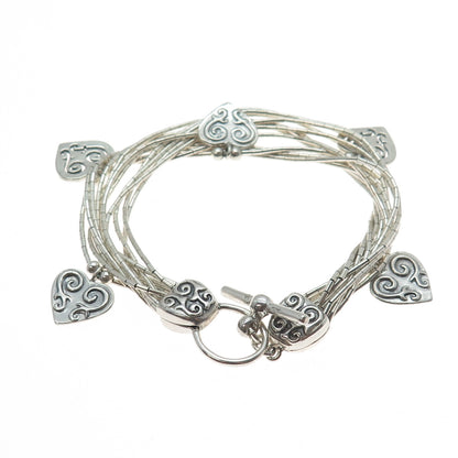 SHUBE 925 Sterling Silver Vintage Heart Multi-Strand Liquid Chain Bracelet 6.75"