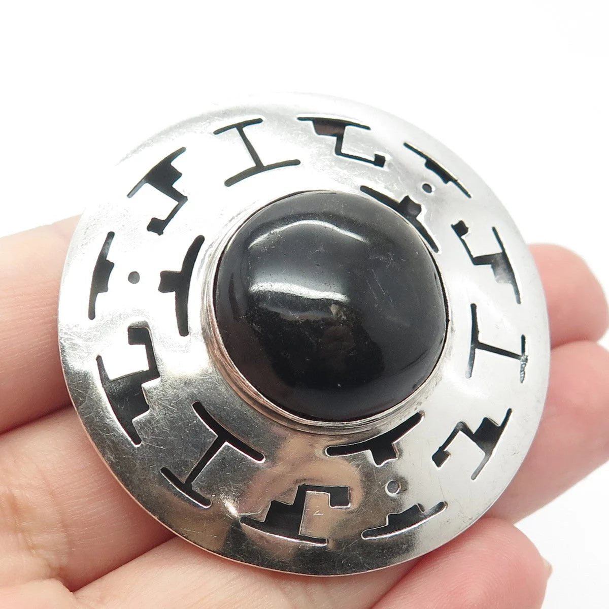 925 Sterling Silver Vintage Mexico JLP Real Obsidian Gem Pin Brooch / Pendant
