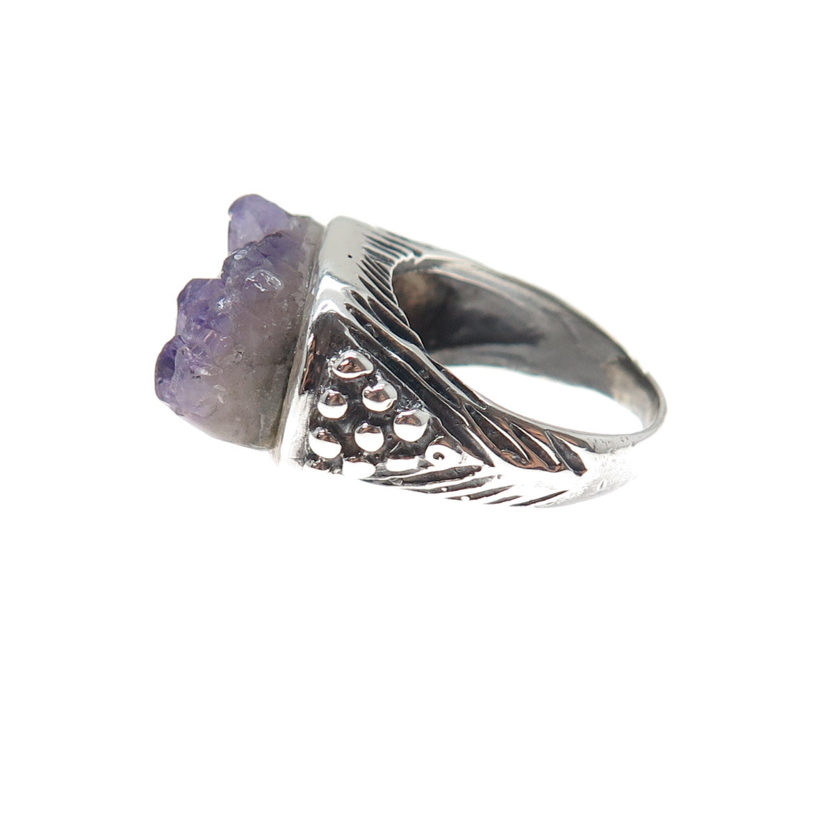 925 Sterling Silver Vintage Real Amethyst Modernist Beaded Ring Size 6.75