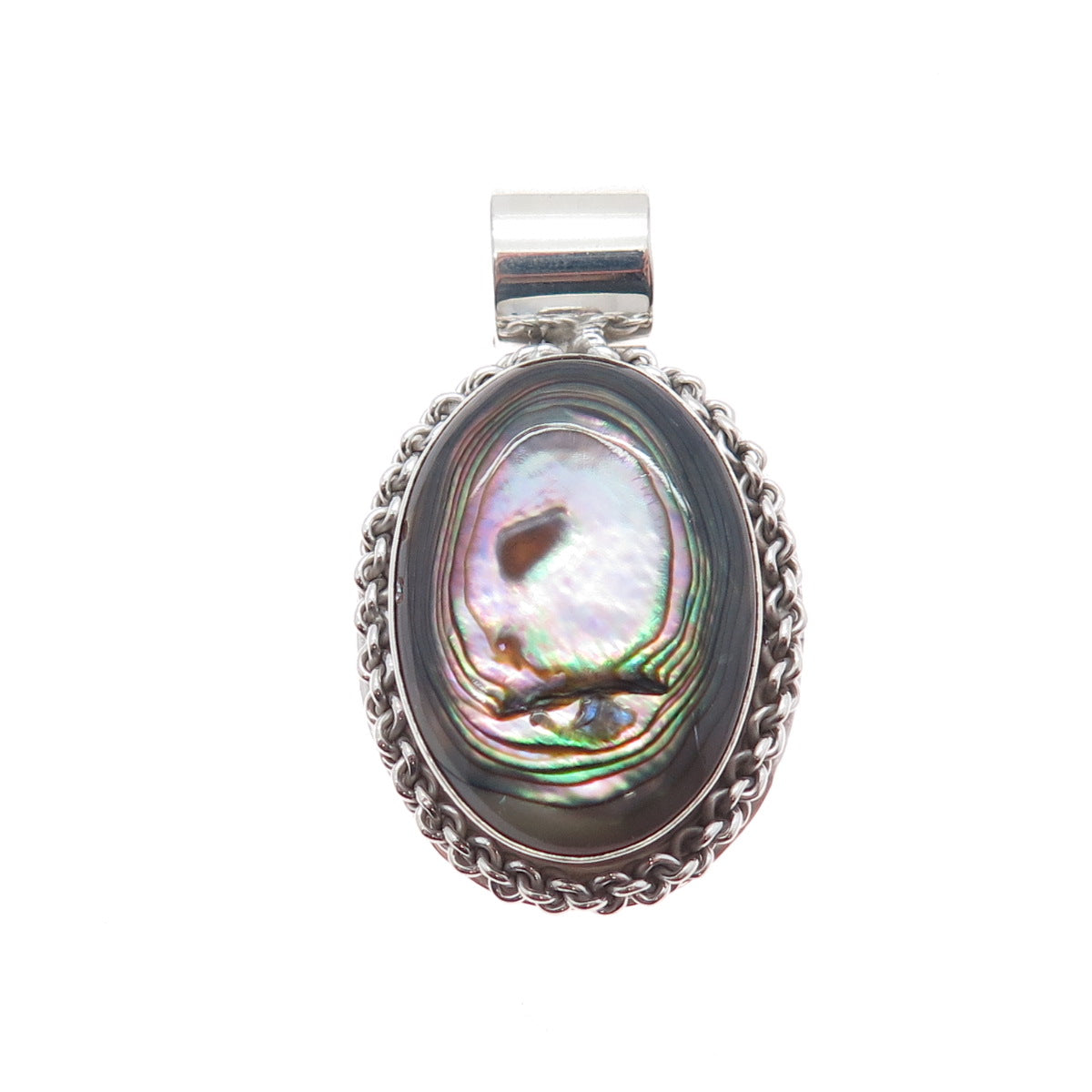 925 Sterling Silver Vintage Mexico Real Abalone Shell Oxidized Charm Pendant