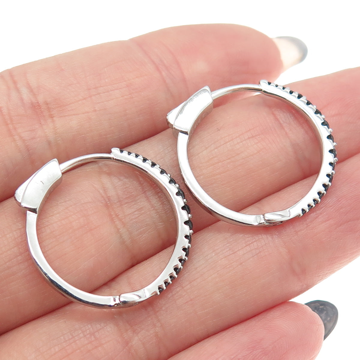 925 Sterling Silver Black C Z Huggie Earrings