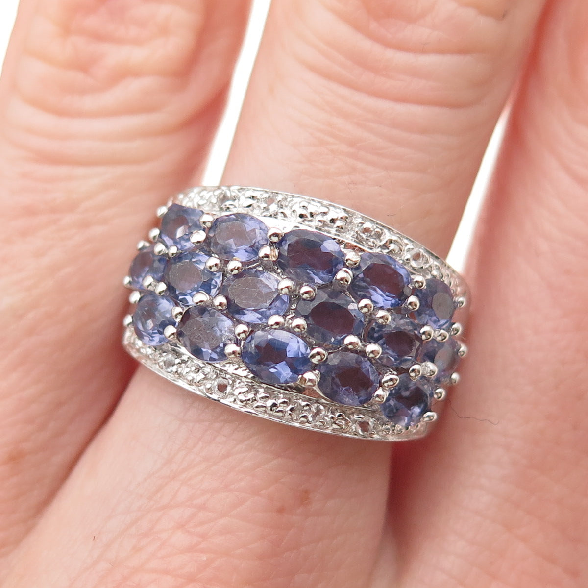 925 Sterling Silver Real Oval-Cut Iolite & Round-Cut White Topaz Ring Size 8.5