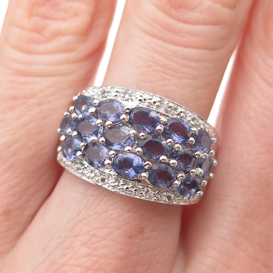 925 Sterling Silver Real Oval-Cut Iolite & Round-Cut White Topaz Ring Size 8.5