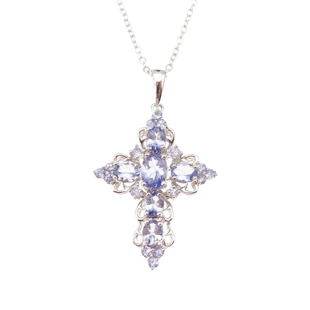 925 Sterling Silver Real Tanzanite Ornate Cross Cable Chain Necklace 22"
