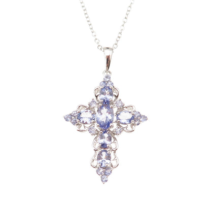 925 Sterling Silver Real Tanzanite Ornate Cross Cable Chain Necklace 22"