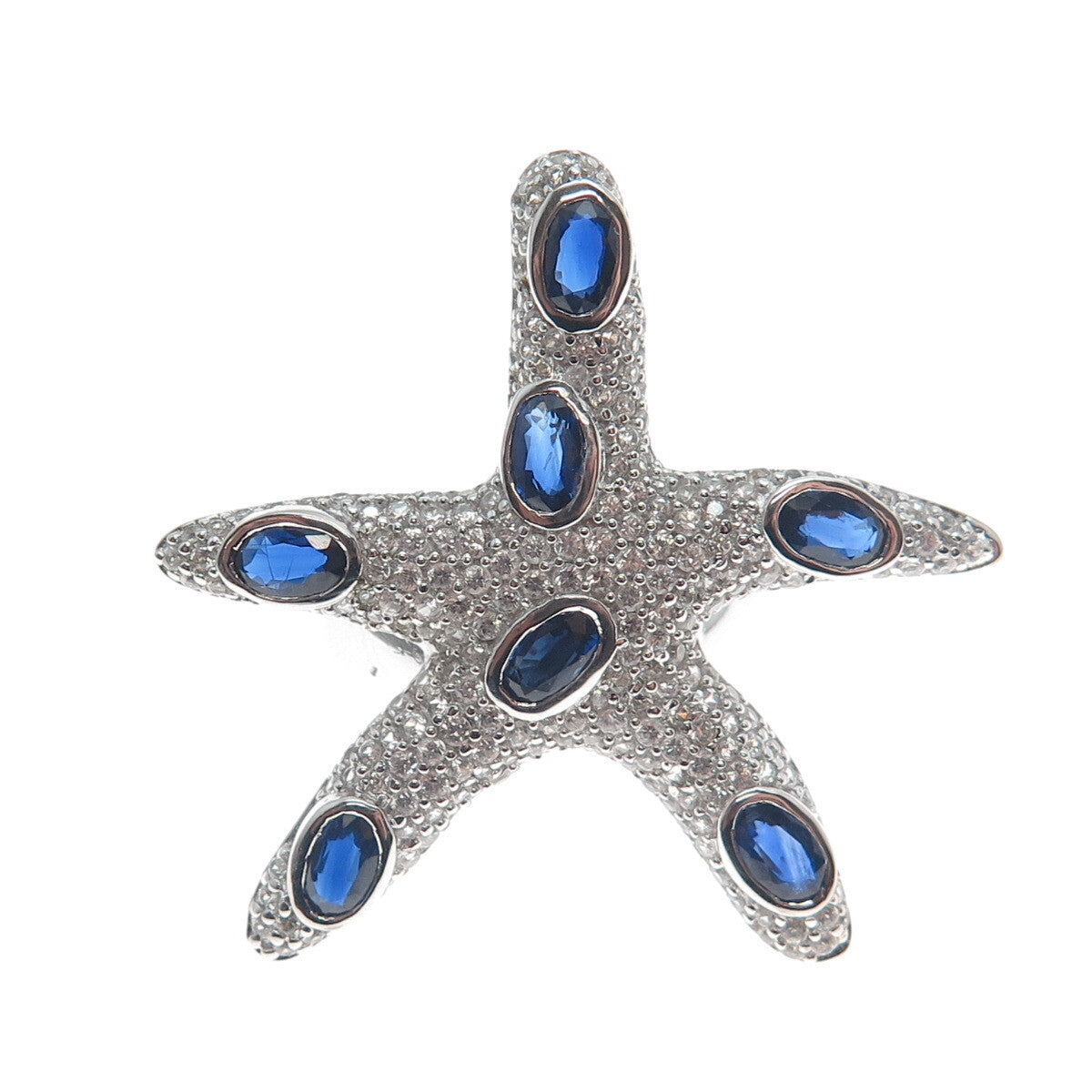 DSMK 925 Sterling Silver Real Sapphire & White Topaz Starfish Ring Size 7.25