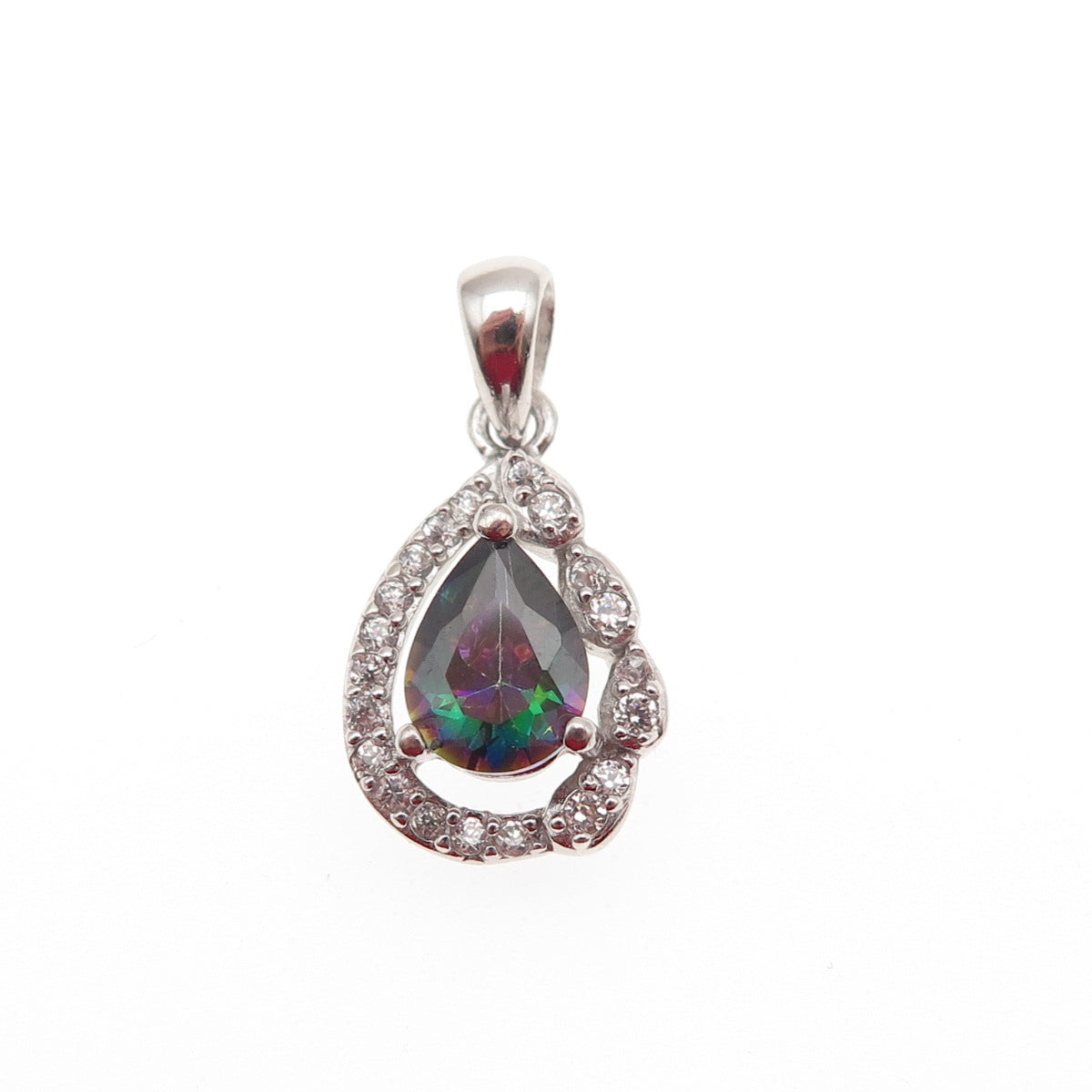 925 Sterling Silver Real Mystic Quartz & C Z Teardrop Mini Charm Pendant