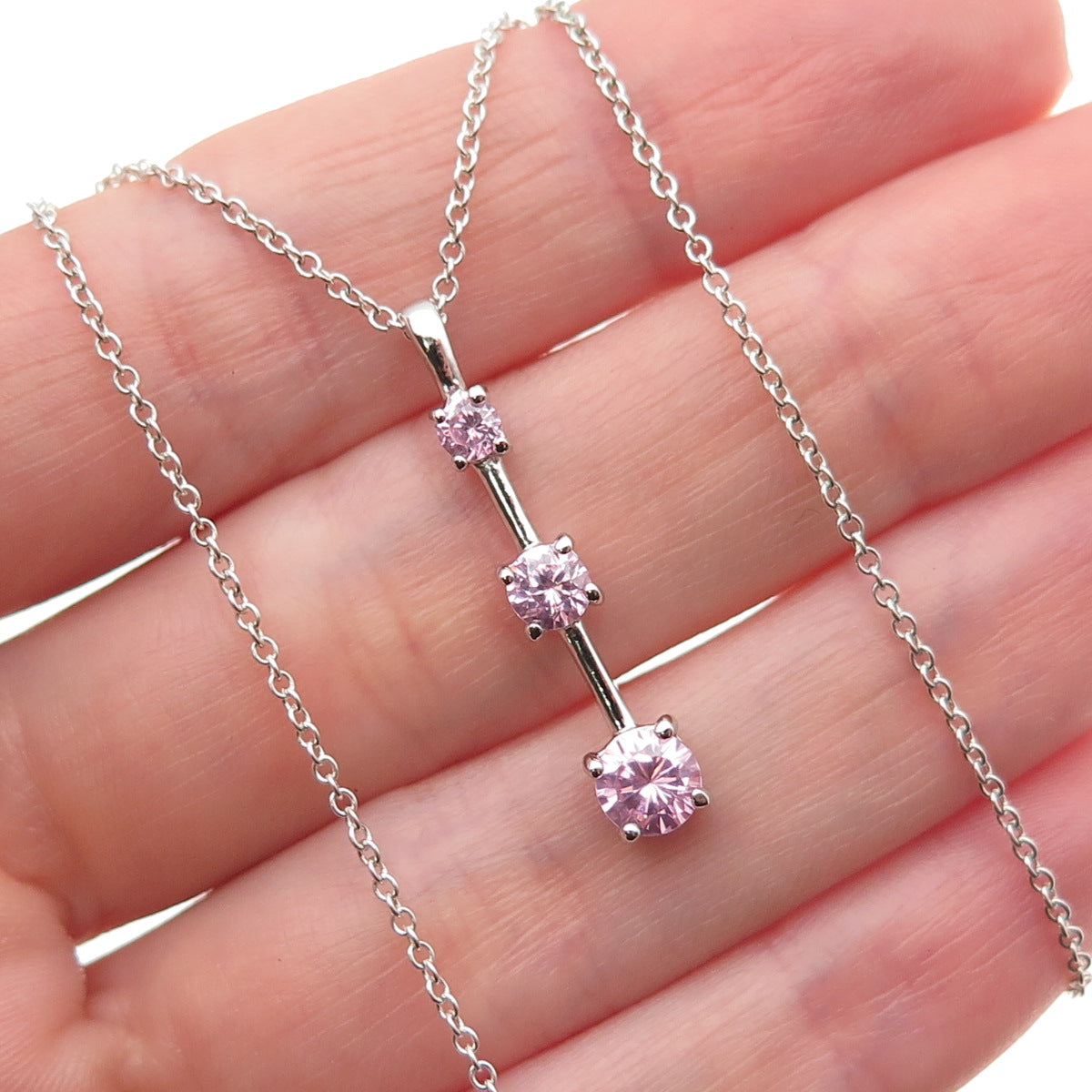 925 Sterling Silver Round-Cut Pink C Z Graduated Drop Cable Chain Necklace 18"