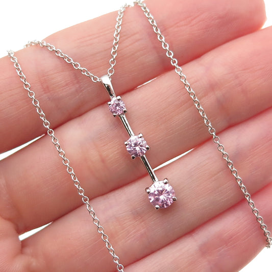 925 Sterling Silver Round-Cut Pink C Z Graduated Drop Cable Chain Necklace 18"