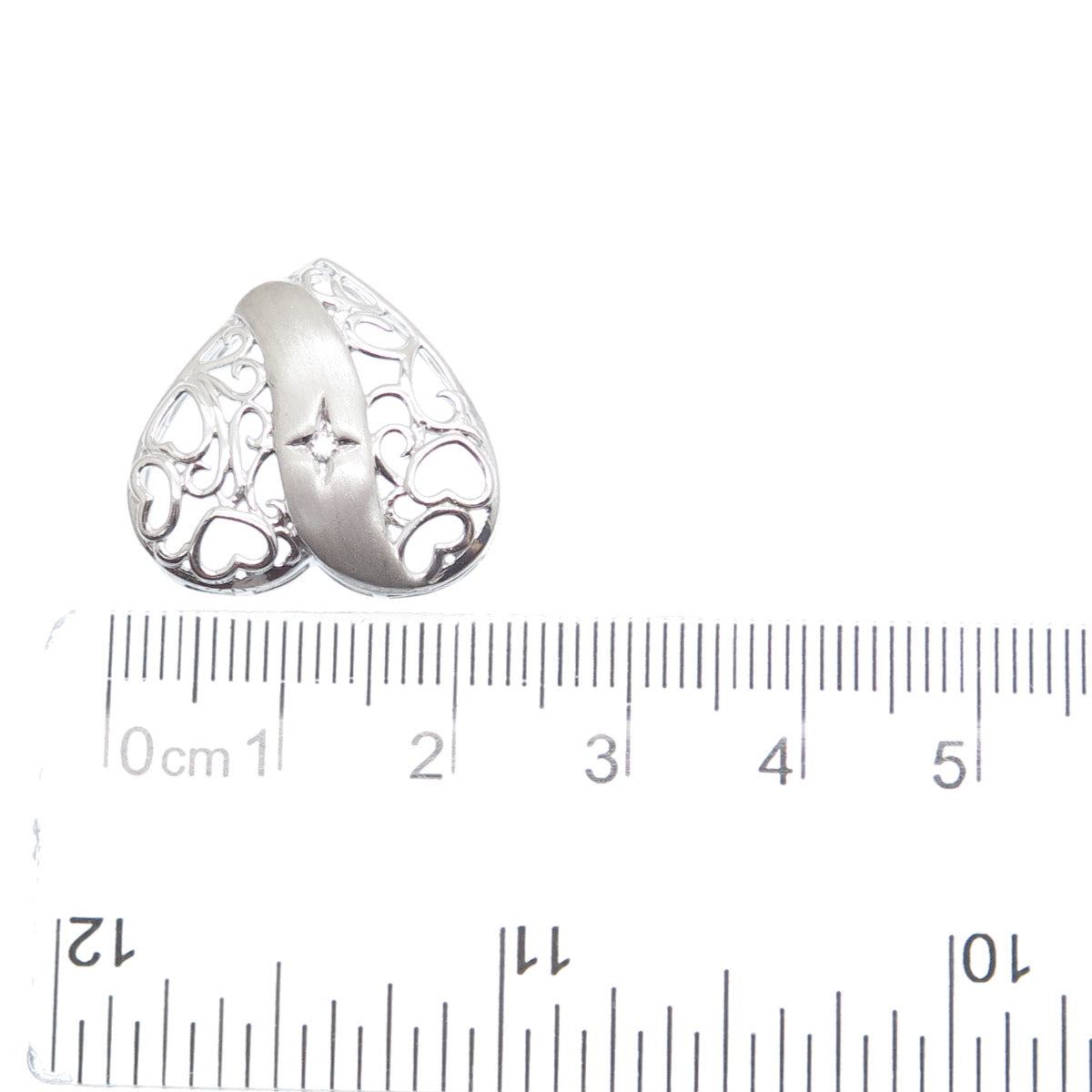 925 Sterling Silver Round-Cut C Z Heart Ornate Charm Slide Pendant