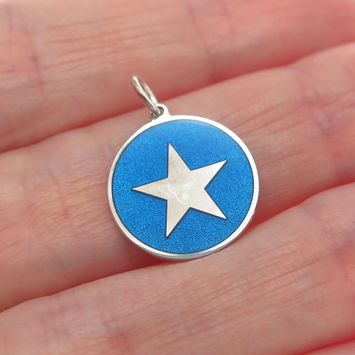 925 Sterling Silver Blue Enamel Star Round Tag Minimalist Charm Pendant