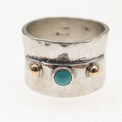 925 Sterling 14K Gold Vintage Real Turquoise Hammered Wide Band Ring Size 9.5